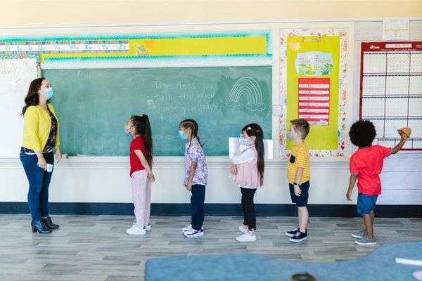 Children standing in que in front of teacher