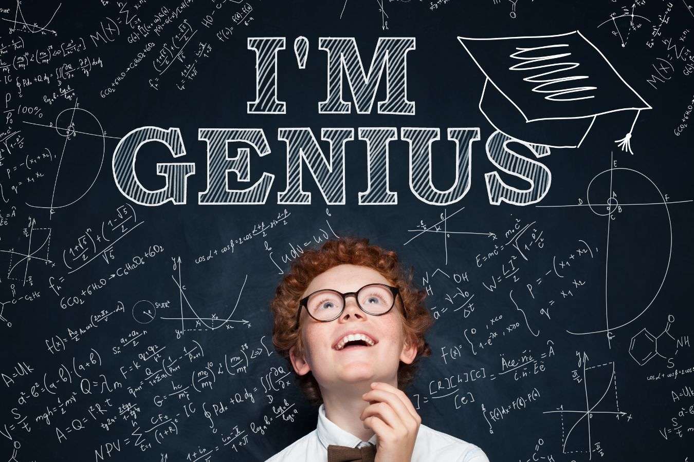 i'm genius written on black board with kid standing