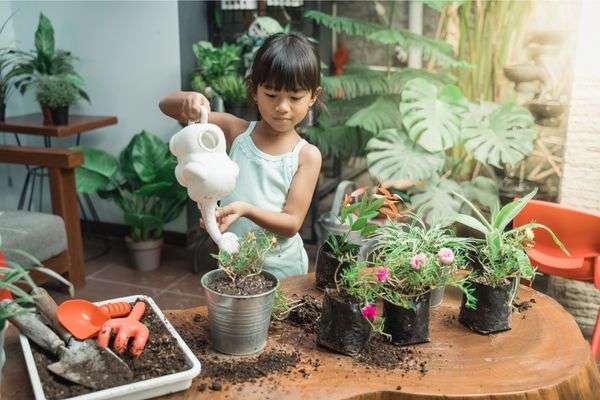 Kid, watering home garder